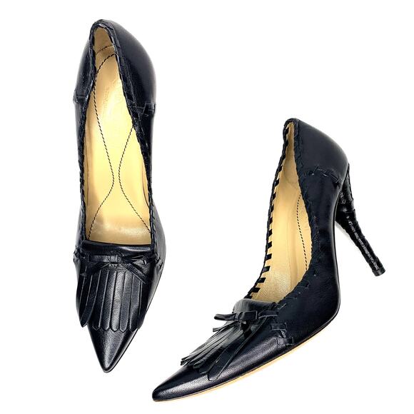 YSL rive gauche line black leather pointy pumps bow accent women's size 37.5